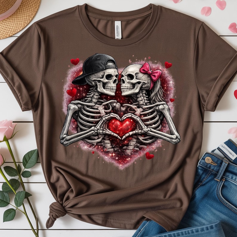 May include: Brown t-shirt featuring a romantic graphic of two skeletons in love, forming a heart with their hands. The skeletons are set against a sparkling heart-shaped background with small red hearts scattered around.