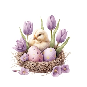 11 cliparts PNG - Nid de Pâques aquarelle avec tulipes violettes et oeuf en forme de poule pour cartes, décorations et art numérique, Pâques chic,