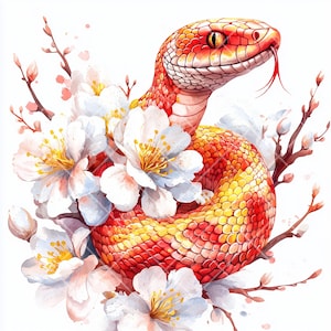 10 cliparts JPG – Serpent rouge du Nouvel An chinois avec fleurs blanches, illustrations numériques élégantes pour des designs et des décorations de fête,