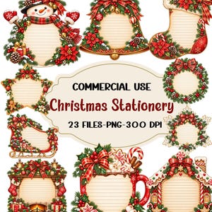 Op de afbeelding: Een verzameling briefpapierframes met kerstthema, waaronder een sneeuwman, bel, kerstsok, ster, krans, slee, open haard, mok en peperkoekhuisje, allemaal met gelinieerde schrijfgebieden en de tekst Commercial Use Christmas Stationery 23 Files-PNG-300 DPI.