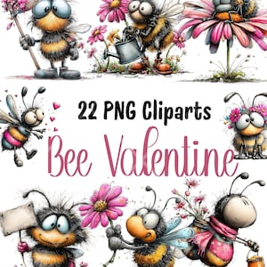 Könnte beinhalten: Eine Sammlung von 22 PNG-Cliparts mit Cartoon-Bienen mit verschiedenen Accessoires und Blumen. Der Satz "Bee Valentine" ist in rosa Schrift geschrieben. Die Bienen sind mit ausdrucksstarken Gesichtern dargestellt und befinden sich in verschiedenen Posen.