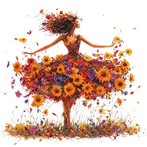 Clipart di donna acquerello in abito floreale, 10 illustrazioni di moda in formato PNG, arte boho, clipart di abiti floreali stampabili per diari e lavori artigianali