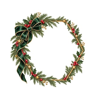 May include: A hexagonal wreath frame featuring green pine branches, holly leaves, and bright red berries. A large dark green satin bow with gold trim is attached to the upper left side. Small gold stars and berries are interspersed throughout.