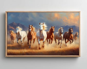 Cornice TV con cavalli in corsa, paesaggio con cavalli selvaggi in formato JPG, arte murale western, arredamento rustico per soggiorno, download della cornice TV Samsung 3840x2160