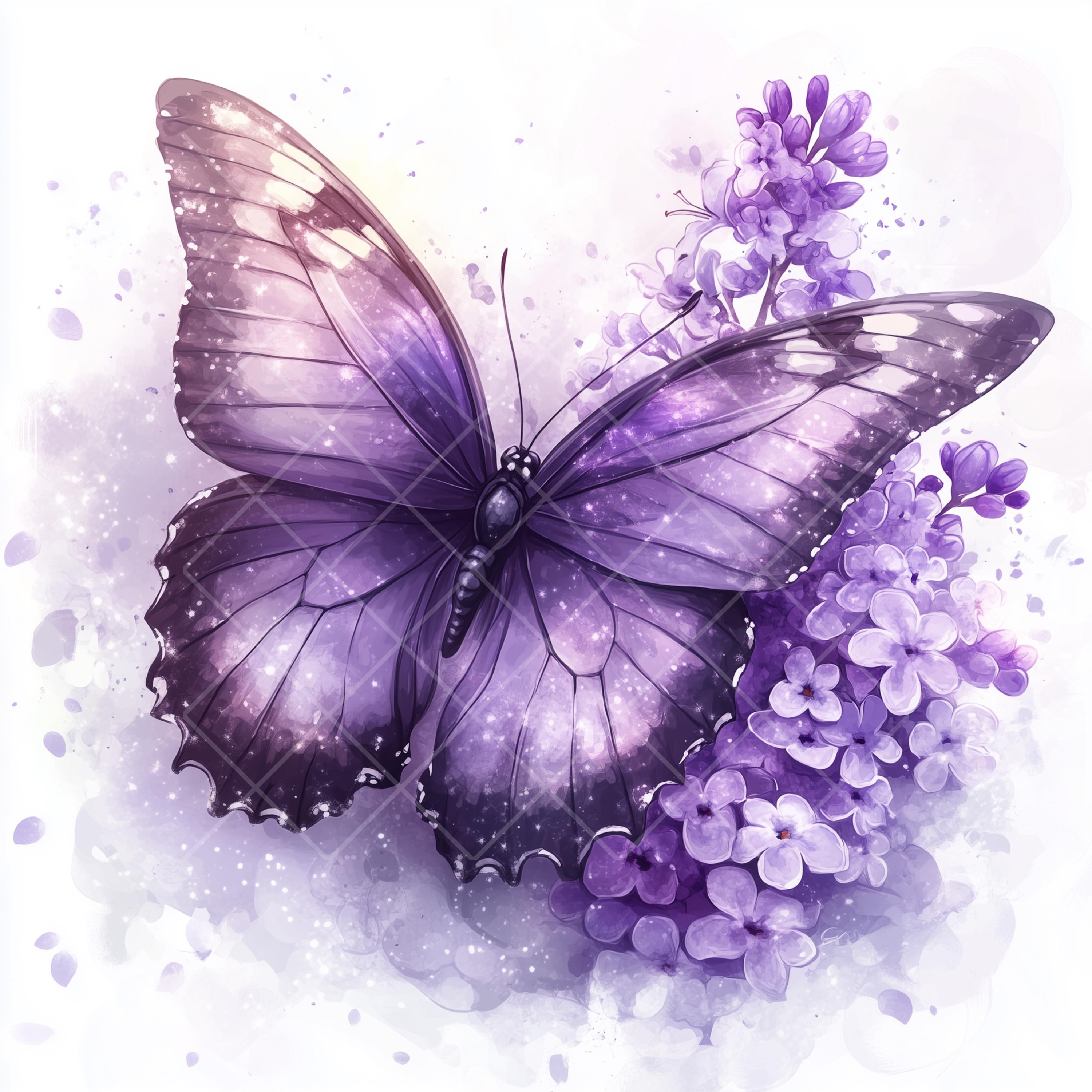 Purple Butterfly Watercolor Clipart: Sparkling Wings, Floral