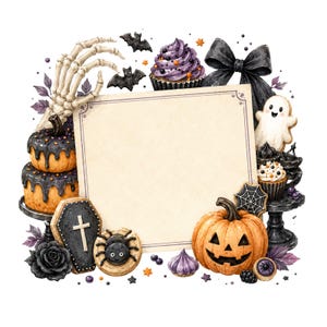 Può includere: Una cornice rettangolare in pergamena vuota circondata da illustrazioni a tema Halloween, tra cui una mano scheletrica, cupcake viola, un fiocco nero, un biscotto a forma di fantasma, una zucca, un biscotto a forma di bara, un ragno e rose nere.