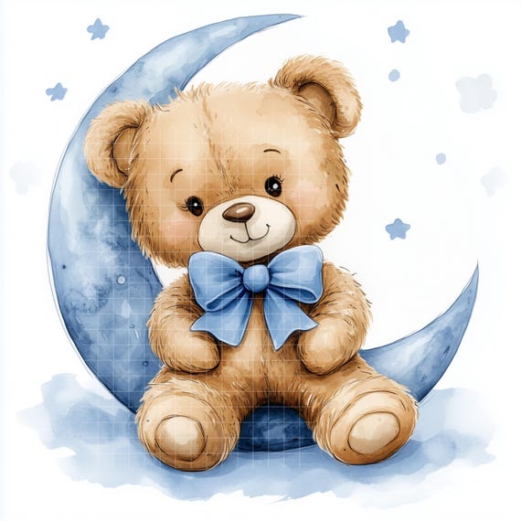 Watercolor Teddy Bear Moon Clipart: Kawaii Nursery Art (16 JPG Digital Download