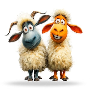 May include: A whimsical illustration of two sheep. One sheep is blue with horns, and the other is orange. Both have large, expressive eyes and fluffy white wool. They stand side-by-side against a white background, creating a cheerful and cartoonish effect.
