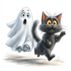 Può includere: Illustrazione di un cartone animato di un fantasma bianco e un gatto nero. Il fantasma ha un'espressione sorpresa. Il gatto nero, con grandi occhi gialli, corre con una zampa alzata. Sfondo bianco.
