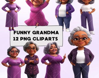 Imágenes prediseñadas de abuela negra divertida: ilustraciones PNG atrevidas (descarga digital)