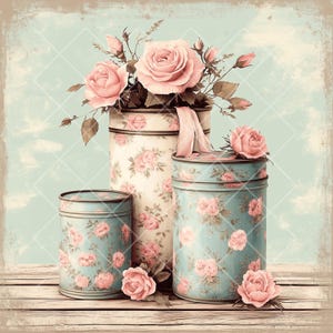 Barattoli floreali vintage shabby chic – 10 clipart JPG con rose retrò e fascino rustico, stile antico, eleganza floreale, arte nostalgica,
