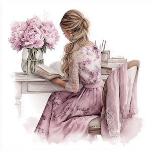 Elegante Frau beim Lesen Clipart-Set - 10 Aquarell JPGs mit weiblicher Schreibtischszene, Blumenkleid und Pfingstrosen für Journale, Drucke und Einladungen
