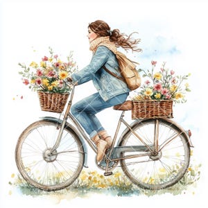 10 mujeres jóvenes en bicicleta vintage con canasta de flores, acuarela 10 imágenes prediseñadas JPG, descarga digital, manualidades de papel, revistas basura,