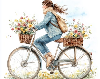 Watercolor Woman on Vintage Bicycle with Flowers Clipart (Digital Download)