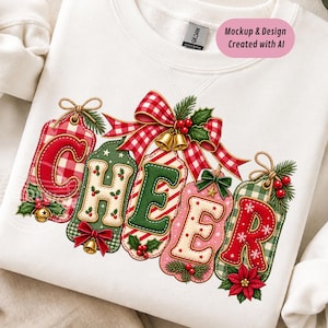 Könnte beinhalten: Ein weißes Sweatshirt mit Rundhalsausschnitt und einem Grafikdruck des Wortes CHEER auf fünf hängenden Geschenkanhängern. Jeder Buchstabe ist mit weihnachtlichen Elementen wie rot-grünen Karomustern, Schleifen, Glöckchen und Stechpalmen verziert.