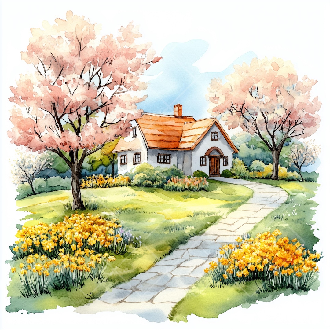 春の風景水彩クリップアート：風光明媚な自然のイラスト（デジタル