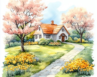 春の風景水彩クリップアート：風光明媚な自然のイラスト（デジタル