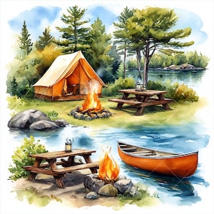 Lot de 10 cliparts aquarelle de camping Cottagecore rétro, 10 illustrations JPG de la nature avec un feu de camp pour la sublimation, créations manuelles