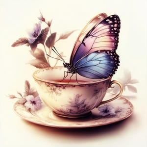 12 eleganti clipart di farfalle e tazze da tè - Illustrazioni ad acquerello di un vintage tea party floreale per scrapbooking, decorazioni murali, diari di scarto,