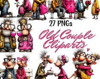 27 Watercolor Whimsical Old Couple PNG Cliparts, Cute Valentine Elderly Love Illustration,  digital download