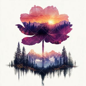 Clipart fleur double exposition - superpositions de 15 JPG nature - Art forêt coucher de soleil montagne - Boho botanique imprimable - téléchargement numérique