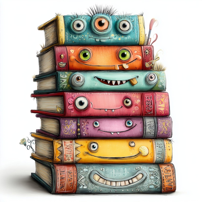 45 Whimsical Book Clipart JPG, Cute Book Stack Illustrations, Reading ...