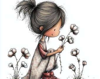 27 nyckfulla blomsterflickor Clipart JPG | Söt blommig barnillustration | Vårkonst för barnkammaren | Grafik i sagoboksstil