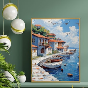 Dreamy Coastal Village Print - Mediterranean Wall Art Download,sea view art print, coastal landscape, mediterranean decor,vintage painting