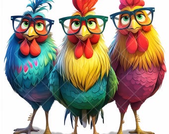 May include: Three cartoon roosters wearing glasses. The rooster on the left is blue, the rooster in the middle is yellow and green, and the rooster on the right is pink.