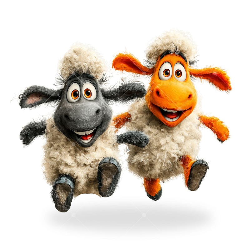 May include: Two cartoon sheep, one gray and one orange, are jumping with joy against a white background. The sheep have fluffy white wool, big eyes, and are smiling. The gray sheep has black ears and the orange sheep has orange ears.