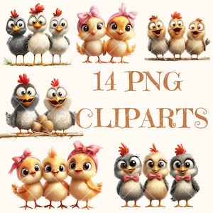 14 PNG Cliparts ,Cute little chicks, funny chicken illustrations, adorable baby birds, farm animal art,transparent background, cartoon style