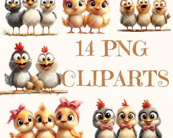 14 PNG Cliparts ,Cute little chicks, funny chicken illustrations, adorable baby birds, farm animal art,transparent background, cartoon style