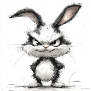 May include: A black and white cartoon rabbit with an angry expression. The rabbit has a wide-eyed look and its teeth are showing. The rabbit is standing on its hind legs with its front paws on its hips.
