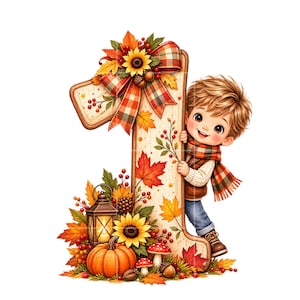 Op de afbeelding: Een groot cijfer één versierd met herfstelementen, waaronder een geruite strik, zonnebloemen, esdoornbladeren en bessen. Een cartoonkind met bruin haar, gekleed in een geruite sjaal en vest, leunt tegen het cijfer naast een lantaarn en pompoen.