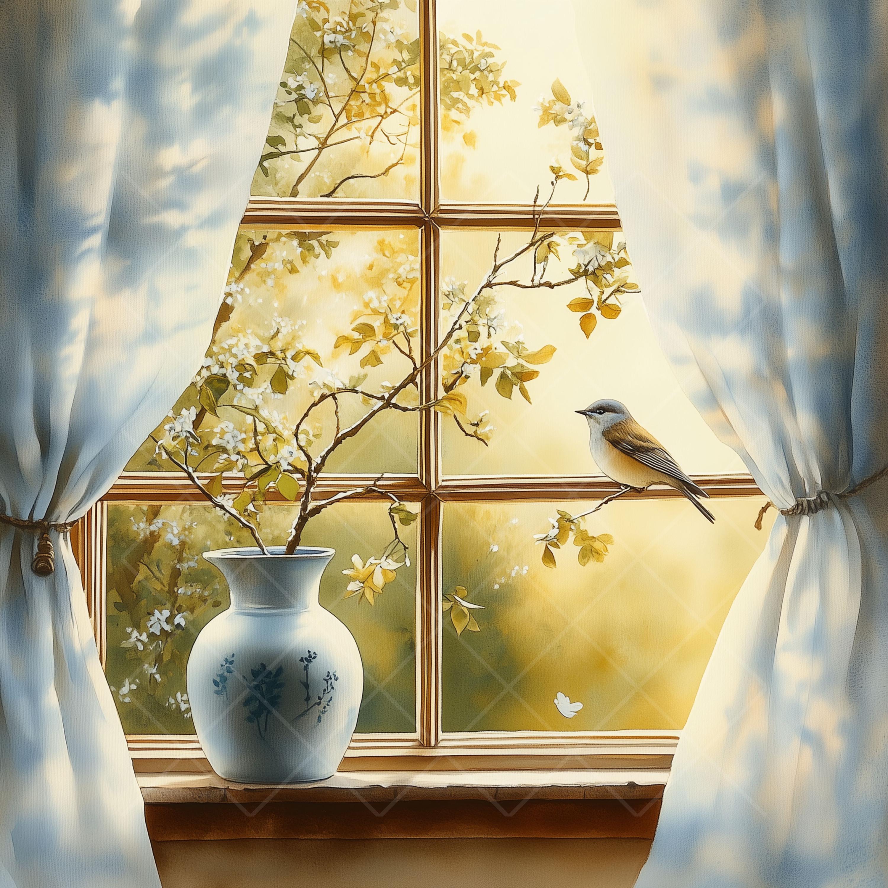 鳥の水彩画窓クリップアート：風光明媚な風景（JPG デジタル