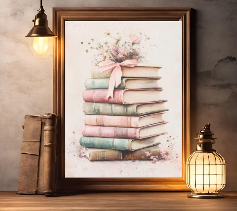 Book Stack Print Pink Book Stack Print: Coquette Floral Vintage Art (digital Download ...
