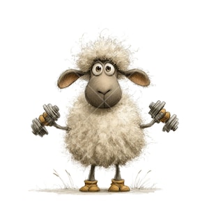 May include: A cartoon sheep lifting weights. The sheep has a fluffy, cream-coloured body, brown face, ears, and boots. It is holding a dumbbell in each hand. The background is white.