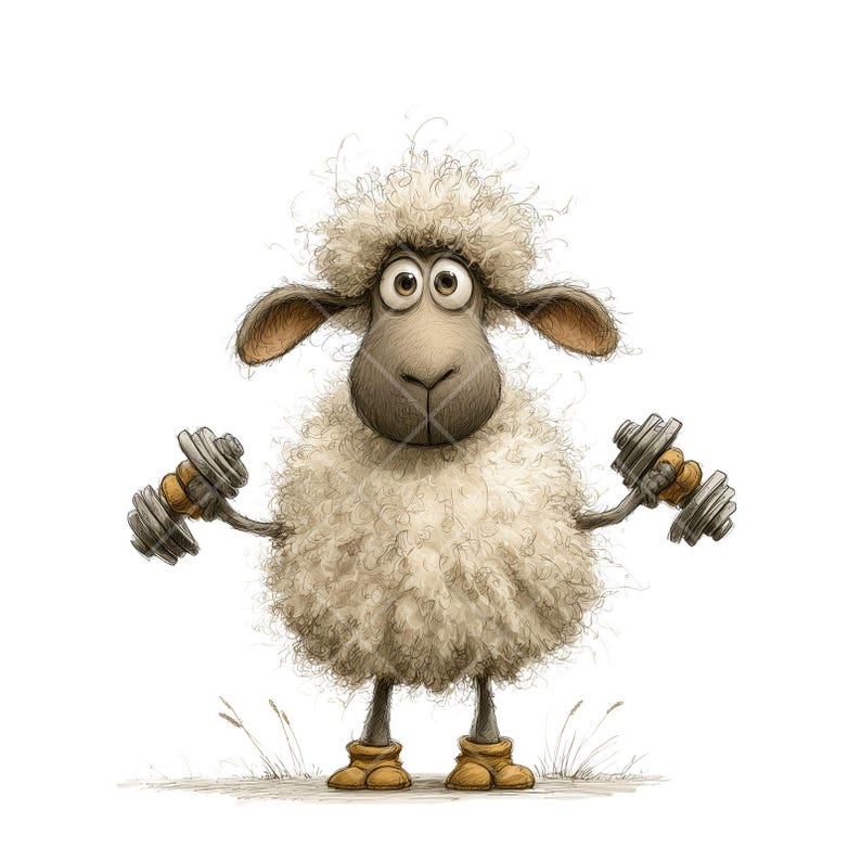 May include: A cartoon sheep lifting weights. The sheep has a fluffy, cream-coloured body, brown face, ears, and boots. It is holding a dumbbell in each hand. The background is white.