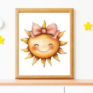 Impresión de sol linda para niños. Póster infantil digital: arte de pared para guardería, eres mi sol, arte de pared digital, arte de sol con lazo rosa, sol feliz