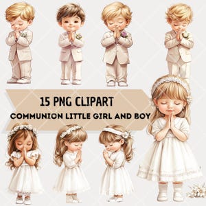 Può includere: 15 immagini PNG clipart di bambini in abiti da comunione bianchi. I bambini pregano tutti con le mani giunte. Ci sono 5 ragazzi e 5 ragazze, e 5 immagini aggiuntive di ragazze in abiti bianchi con bordi in pizzo.
