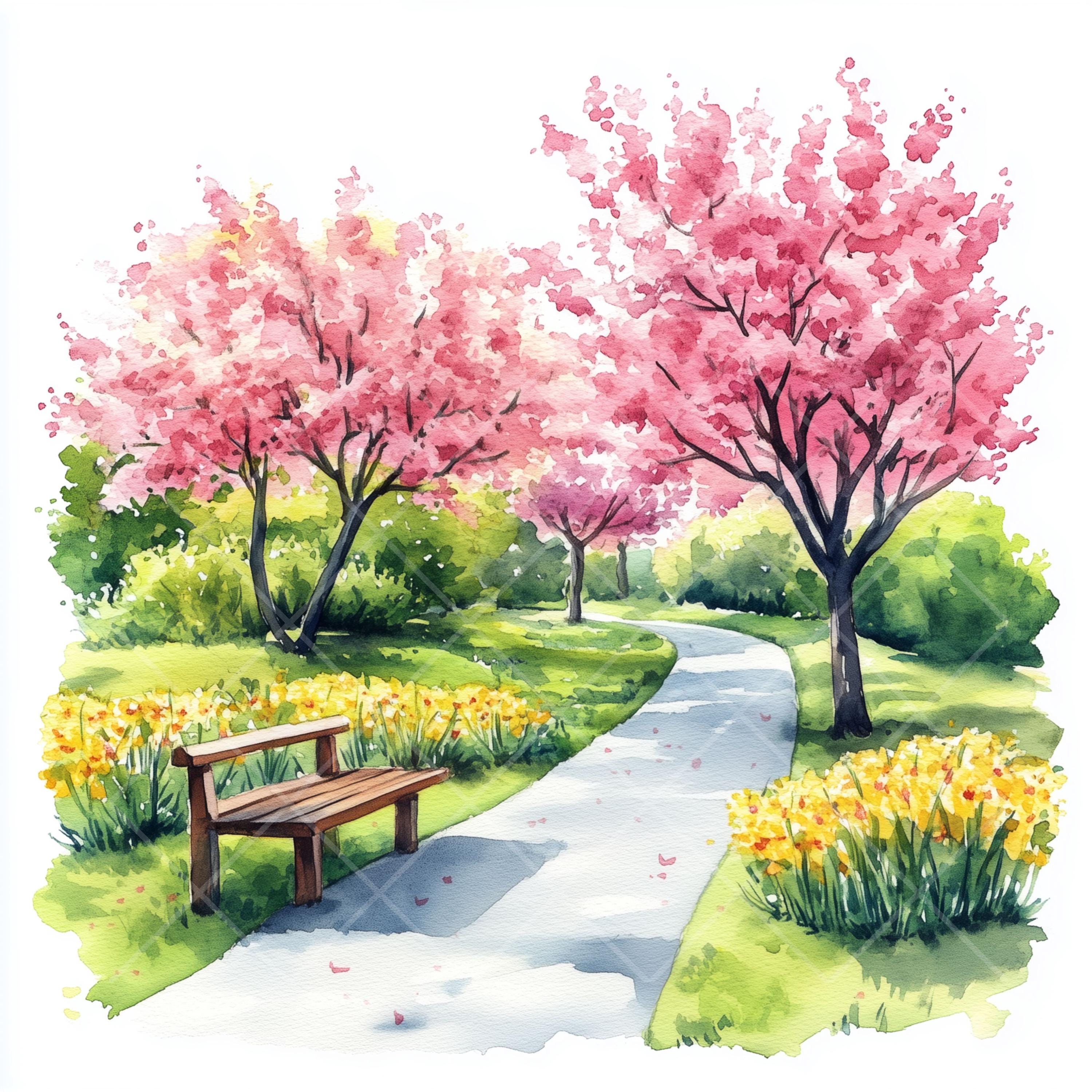 春の風景水彩クリップアート：風光明媚な自然のイラスト（デジタル