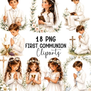 Puede incluir: Una colección de 18 imágenes prediseñadas PNG de Primera Comunión con ilustraciones de niños con vestimenta formal blanca, sosteniendo velas, biblias, cálices y palomas, rodeados de coronas florales, cruces y símbolos religiosos.