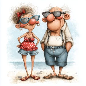 May include: Cartoon illustration of an elderly couple at the beach. The woman wears a red polka dot top, denim shorts, and blue sunglasses. The man wears a white shirt, blue shorts, and black sunglasses. They are standing on a sandy beach.