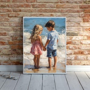Brother and Sister Oil Painting Print: Beach Sibling Art (Digital Download)
