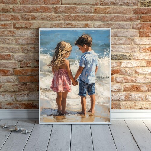 Impression de peinture à l'huile frère et sœur : art de la plage entre frères et sœurs (téléchargement numérique)
