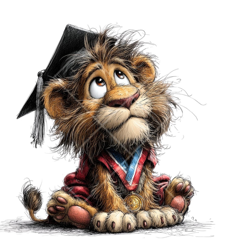 May include: A cartoon illustration of a lion cub wearing a graduation cap and a red and blue medal. The lion cub has brown fur, a pink nose, and is looking upwards. The lion cub is wearing a red graduation gown.