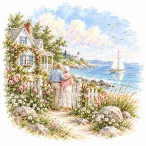Op de afbeelding: Een aquarel schilderij toont twee personen die bij een wit houten hek staan en uitkijken over een zeilboot op de oceaan. Een wit huisje met blauwe luiken is bedekt met roze rozen, terwijl een vuurtoren op een verre rotsachtige klif staat.