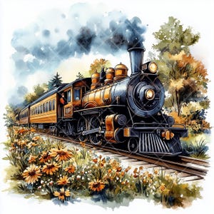 May include: A vintage steam locomotive train with a yellow and brown passenger car, pulling through a lush green forest with wildflowers along the tracks.