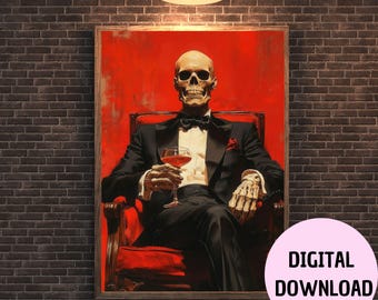 Skelet wijnkunstdruk: gotisch Halloween-bardecor (digitale download)
