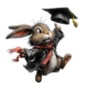 May include: A digitally illustrated graduation-themed image featuring a brown rabbit wearing a black graduation gown and a red scarf. The rabbit is jumping and tossing a black graduation cap with a gold tassel into the air.